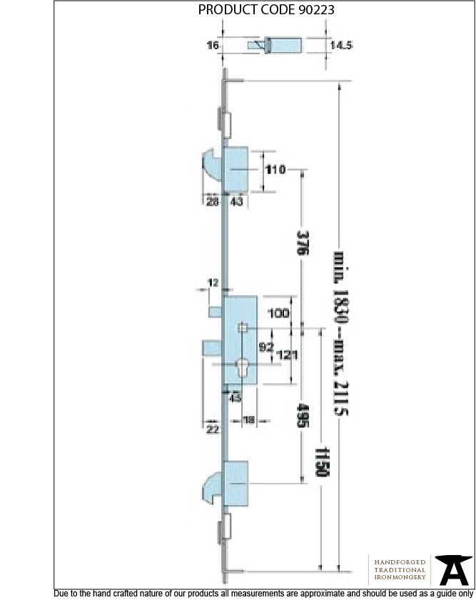 SS French Door Multipoint Lock Kit 44mm Door - 90223 - Technical Drawing