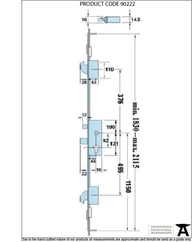 SS French Door Multipoint Lock Kit 57mm Door - 90222 - Technical Drawing