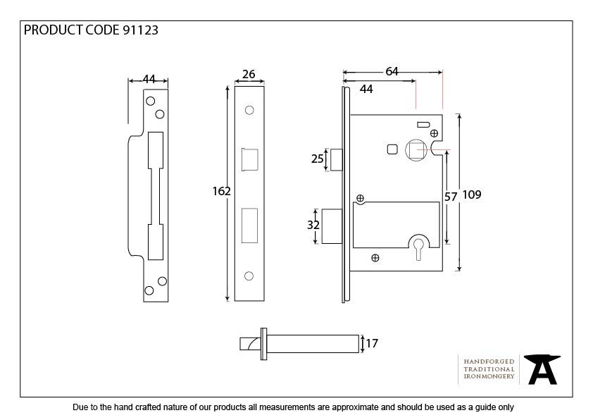 SSS 2½" 5 Lever H/Duty BS Sash Lock KA - 91123 - Technical Drawing