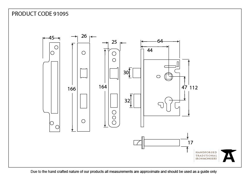 SSS 2½&quot; Euro Profile Sash Lock - 91095 - Technical Drawing