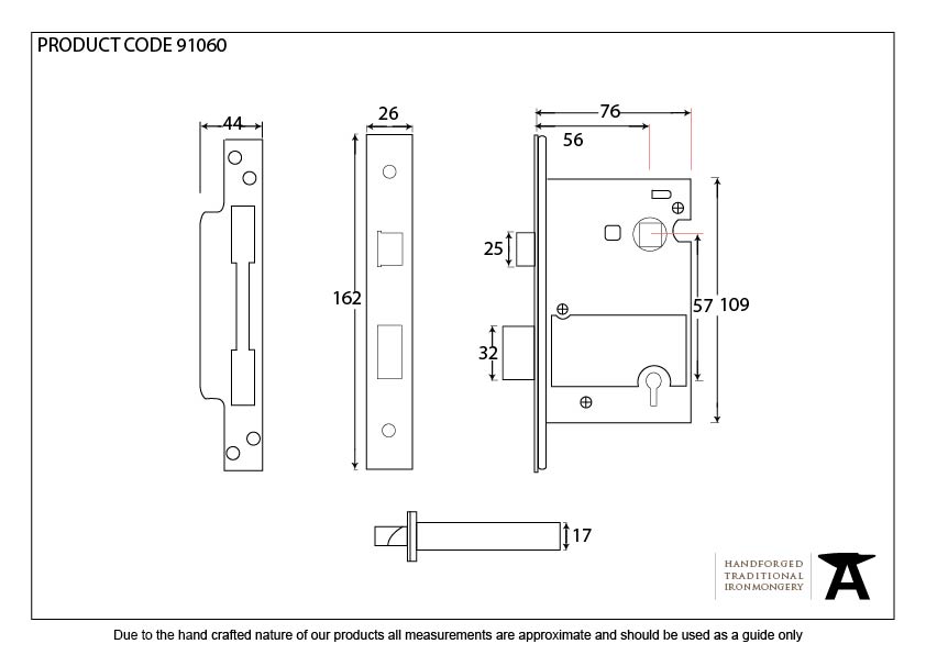 SSS 3" 5 Lever Heavy Duty BS Sash Lock - 91060 - Technical Drawing