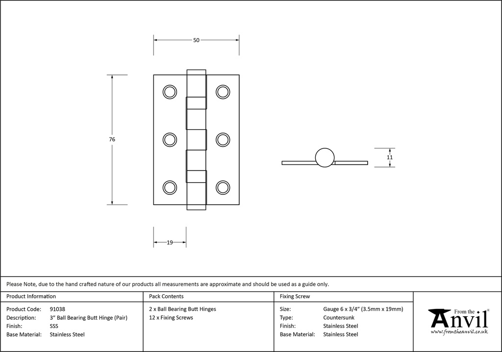SSS 3" Ball Bearing Butt Hinge (pair) - 91038 - Technical Drawing
