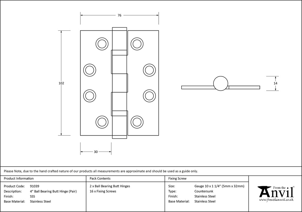 SSS 4&quot; Ball Bearing Butt Hinge (pair) F/R - 91039 - Technical Drawing