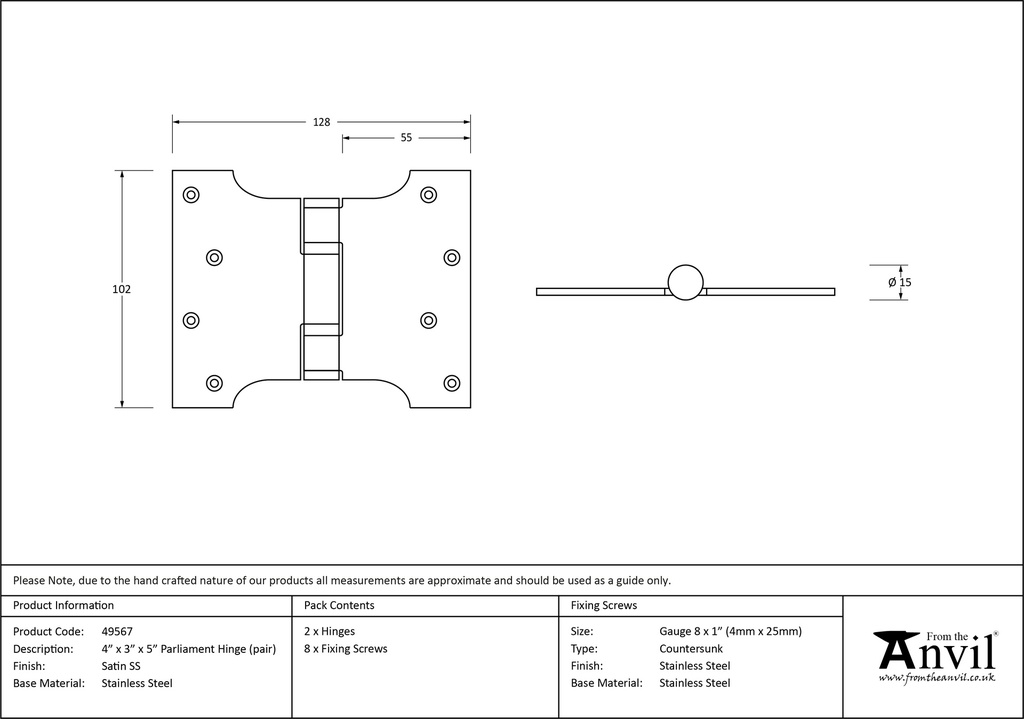 Satin SS 4" x 3" x 5"  Parliament Hinge (pair) - 49567 - Technical Drawing