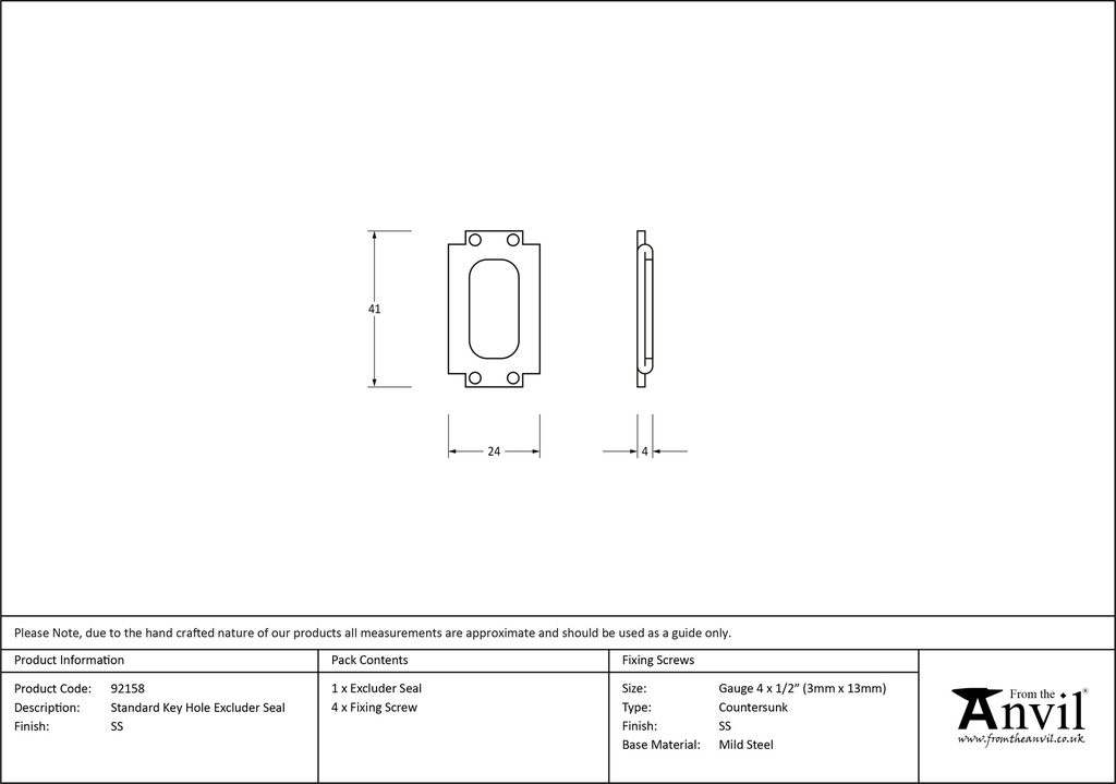 SS Standard Key Hole Excluder Seal - 92158 - Technical Drawing