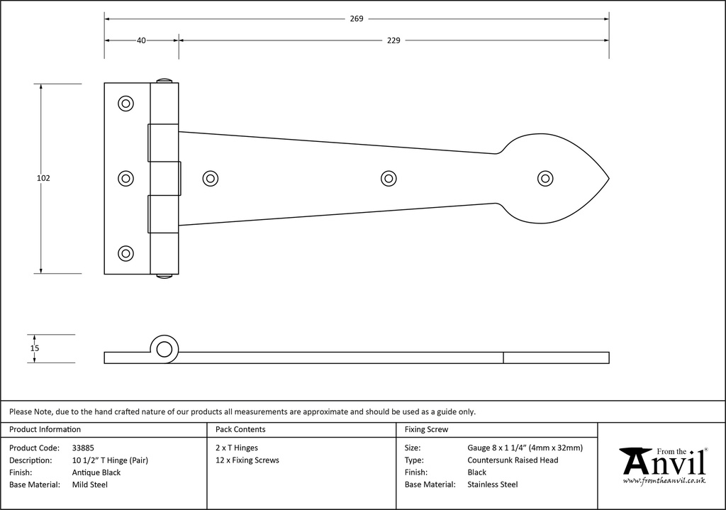 Black Textured  10½&quot; Cast T Hinge (pair) - 33885 - Technical Drawing