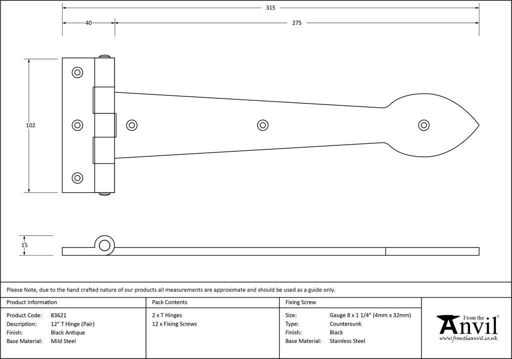 Black Textured 12&quot; Cast T Hinge (pair) - 83621 - Technical Drawing