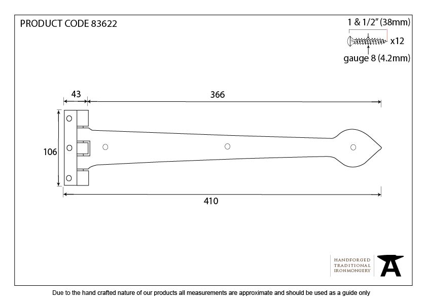 Black Textured 16&quot; Cast T Hinge (pair) - 83622 - Technical Drawing