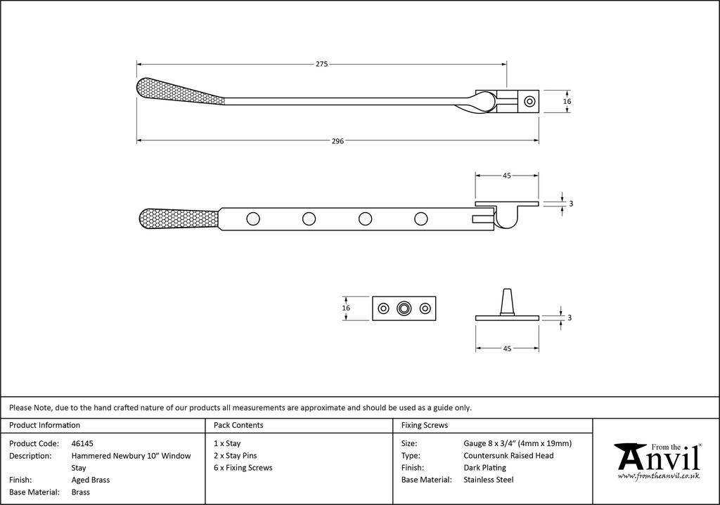 Aged Brass 10&quot; Hammered Newbury Stay - 46145 - Technical Drawing