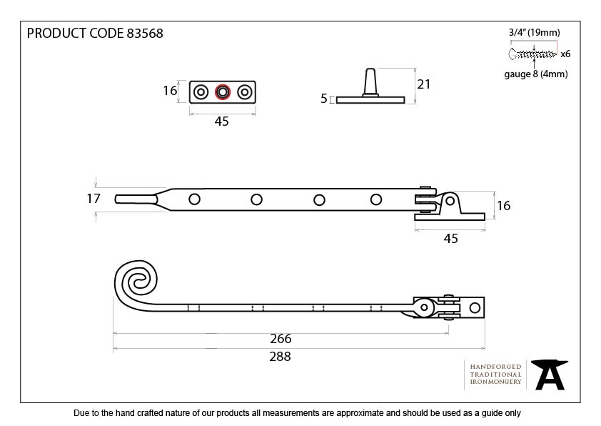 Aged Brass 10&quot; Monkeytail Stay - 83568 - Technical Drawing