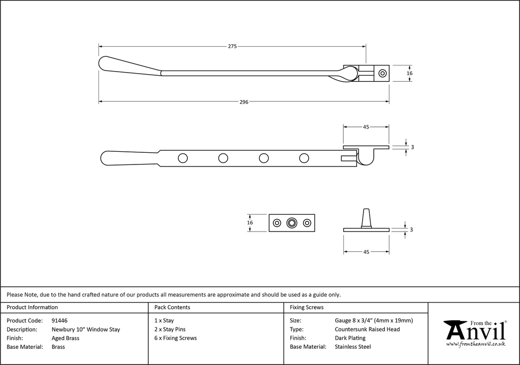 Aged Brass 10&quot; Newbury Stay - 91446 - Technical Drawing