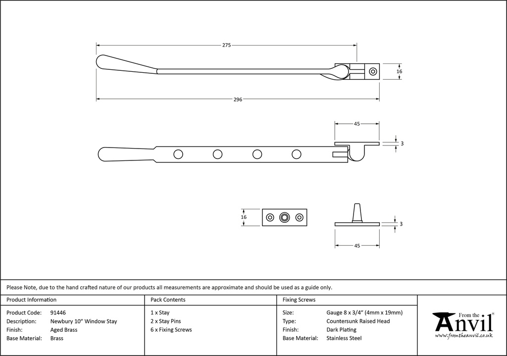 Aged Brass 10" Newbury Stay - 91446 - Technical Drawing
