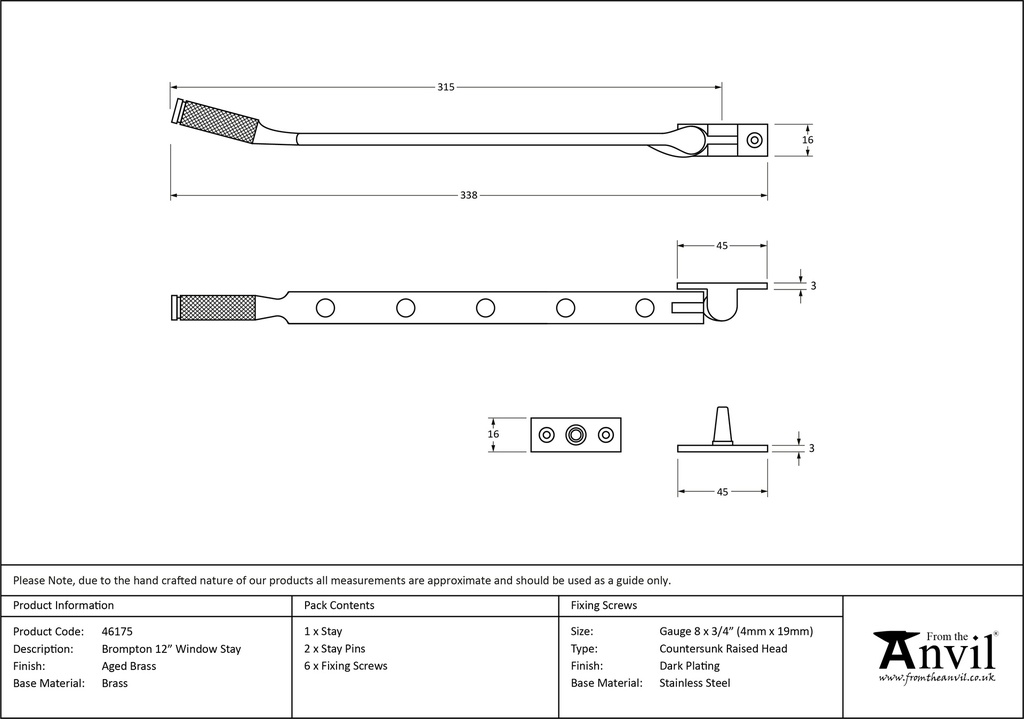 Aged Brass 12&quot; Brompton Stay - 46175 - Technical Drawing