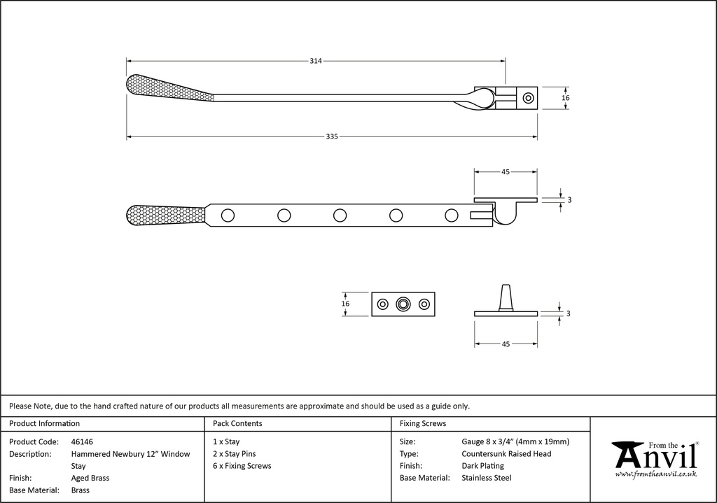 Aged Brass 12&quot; Hammered Newbury Stay - 46146 - Technical Drawing