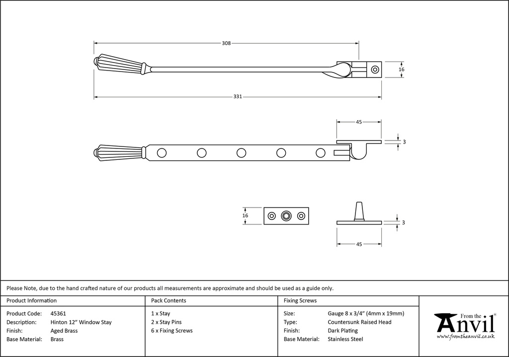 Aged Brass 12" Hinton Stay - 45361 - Technical Drawing