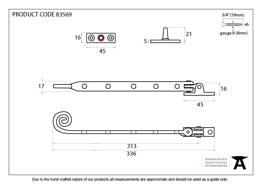 Aged Brass 12&quot; Monkeytail Stay - 83569 - Technical Drawing