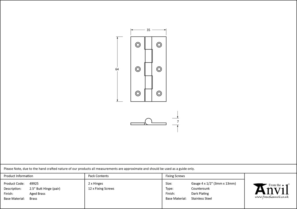 Aged Brass 2.5" Butt Hinge (pair) - 49925 - Technical Drawing