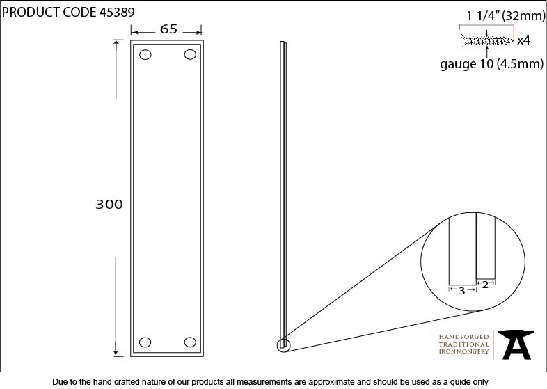 Aged Brass 300mm Art Deco Fingerplate - 45389 - Technical Drawing