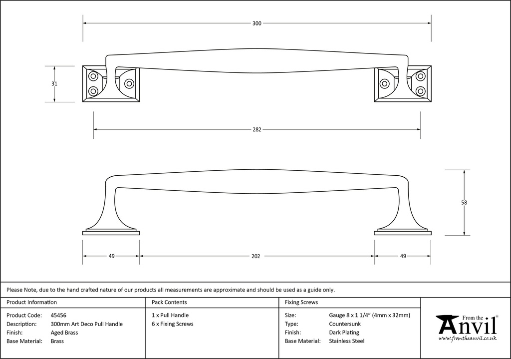 Aged Brass 300mm Art Deco Pull Handle - 45456 - Technical Drawing