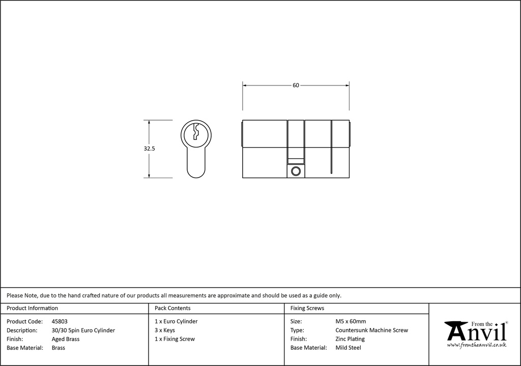 Aged Brass 30/30 5pin Euro Cylinder - 45803 - Technical Drawing