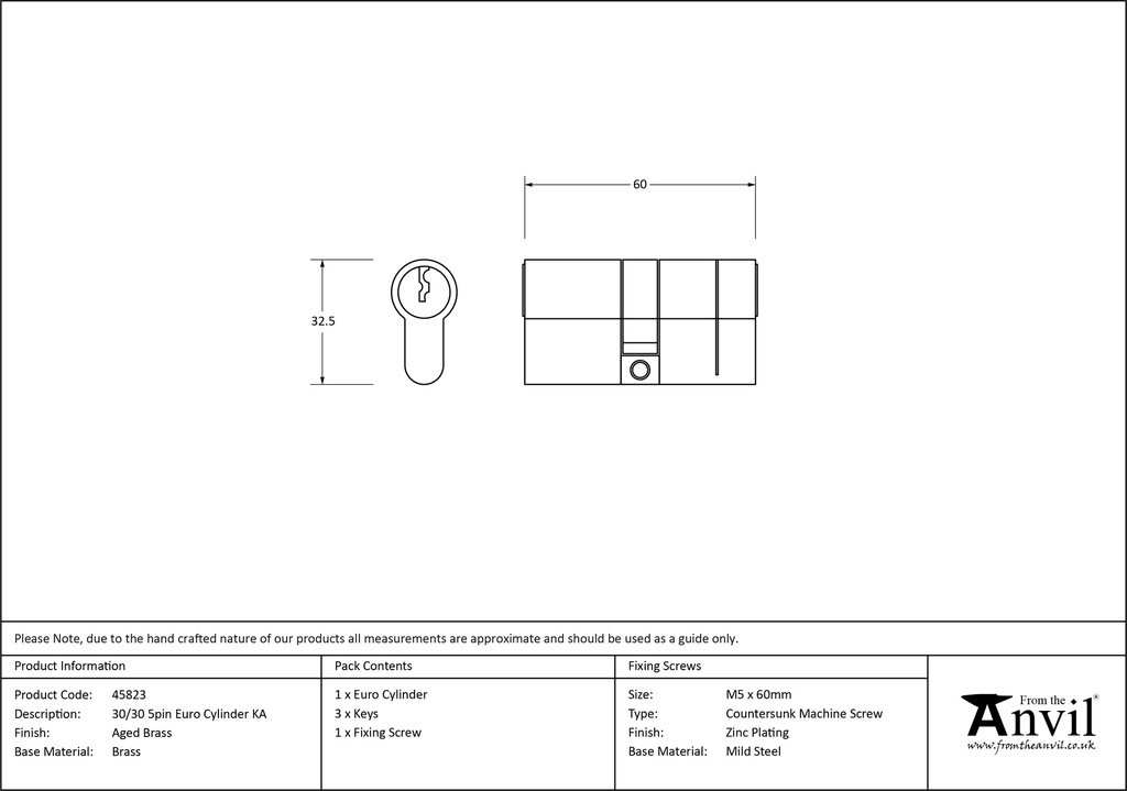 Aged Brass 30/30 5pin Euro Cylinder KA - 45823 - Technical Drawing