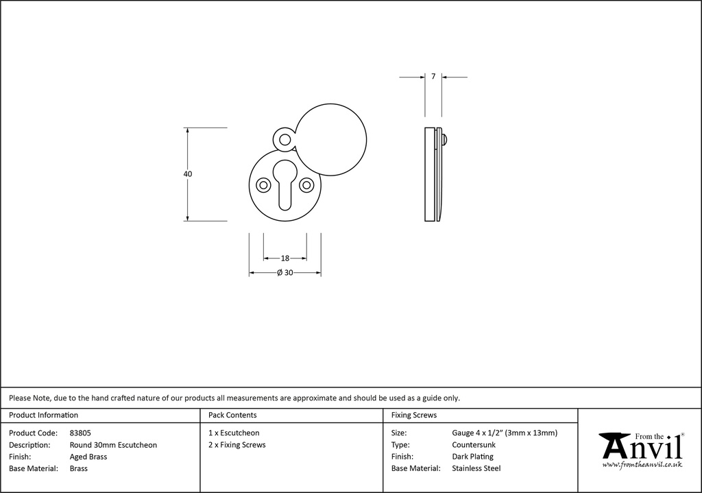 Aged Brass 30mm Round Escutcheon - 83805 - Technical Drawing