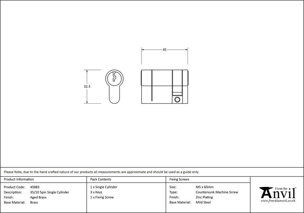 Aged Brass 35/10 5pin Single Cylinder - 45883 - Technical Drawing