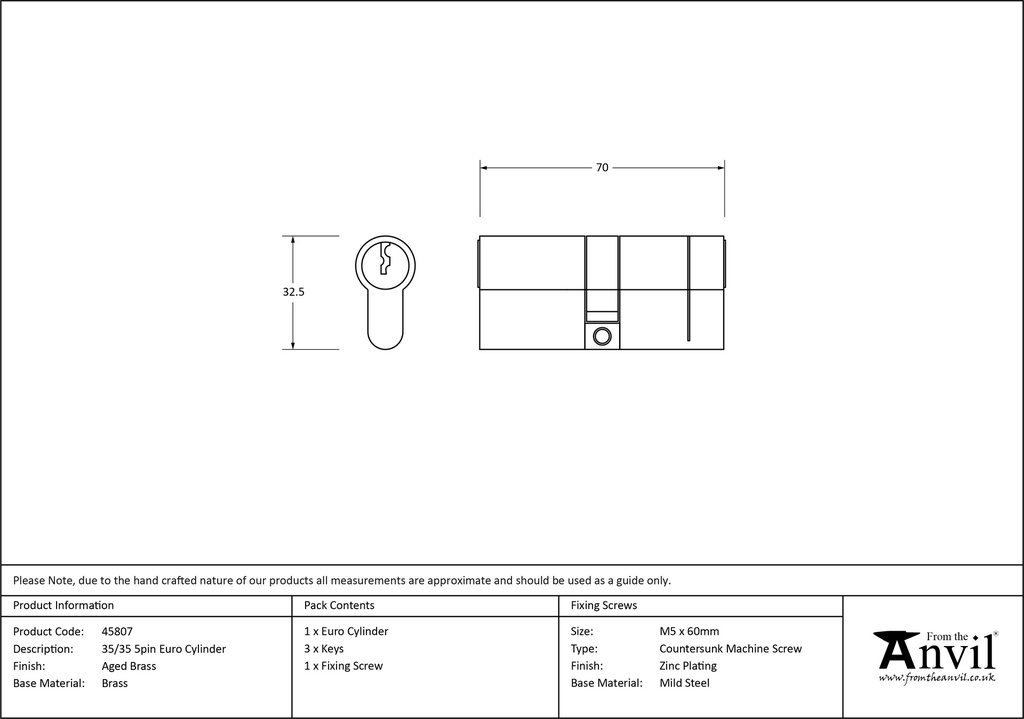 Aged Brass 35/35 5pin Euro Cylinder - 45807 - Technical Drawing