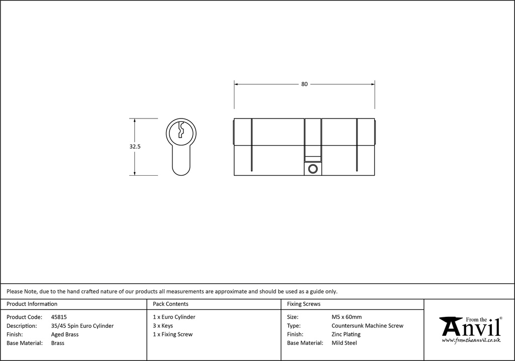 Aged Brass 35/45 5pin Euro Cylinder - 45815 - Technical Drawing