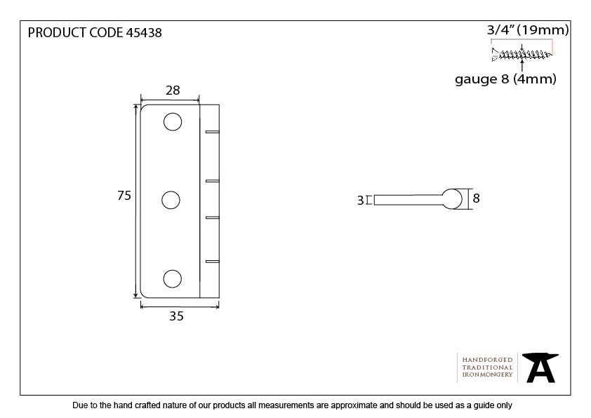 Aged Brass 3&quot; Dummy Butt Hinge (Single) - 45438 - Technical Drawing