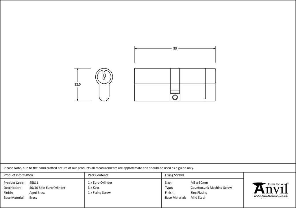 Aged Brass 40/40 5pin Euro Cylinder - 45811 - Technical Drawing