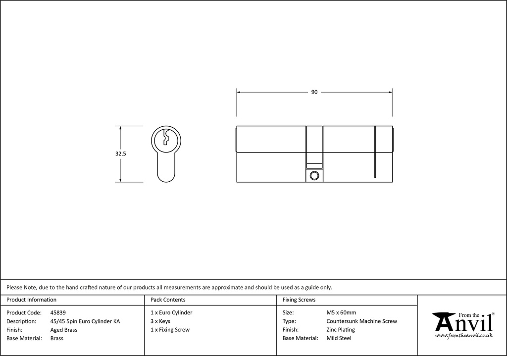 Aged Brass 45/45 5pin Euro Cylinder KA - 45839 - Technical Drawing