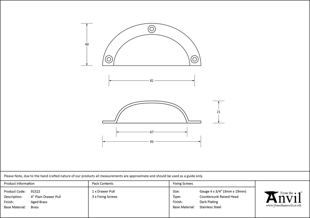Aged Brass 4&quot; Plain Drawer Pull - 91522 - Technical Drawing