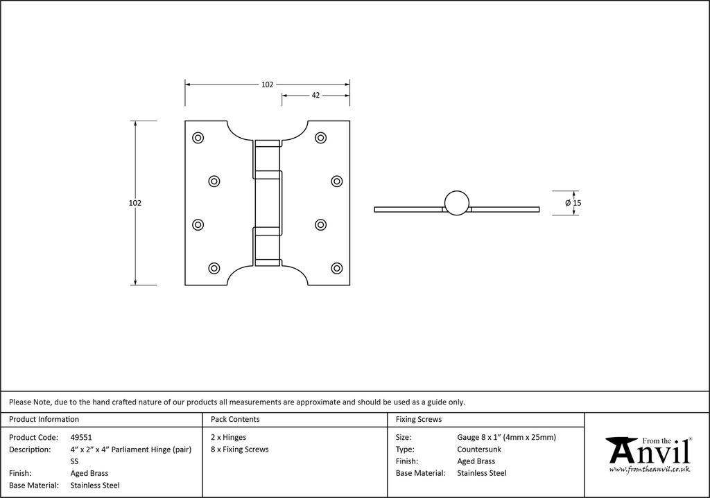Aged Brass 4&quot; x 2&quot; x 4&quot;  Parliament Hinge (pair) ss - 49551 - Technical Drawing