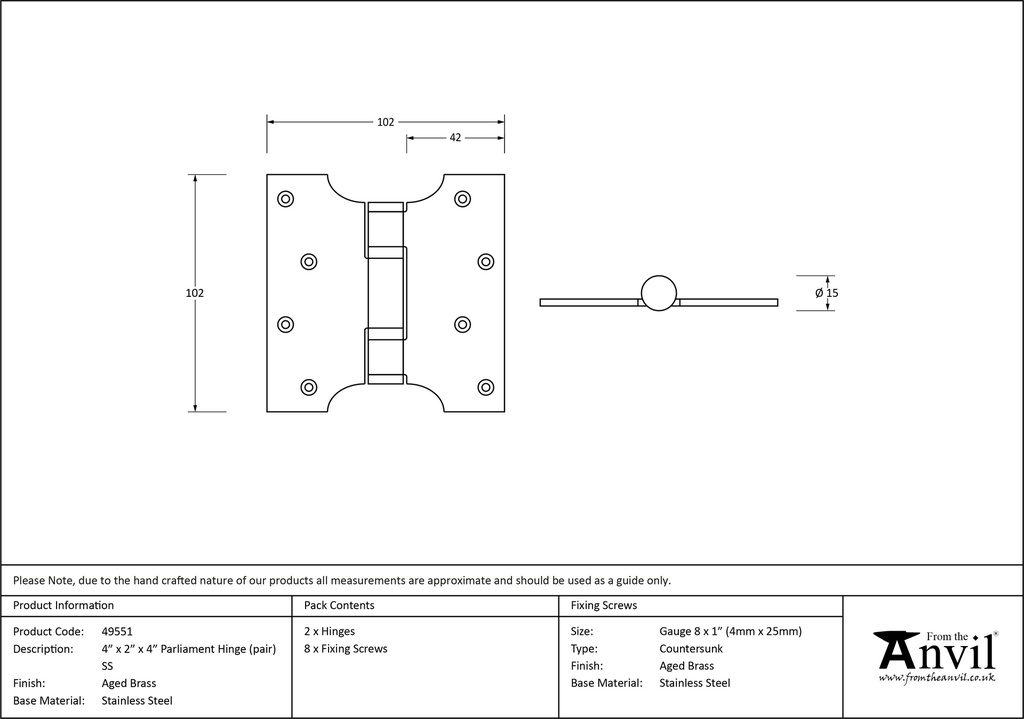 Aged Brass 4" x 2" x 4"  Parliament Hinge (pair) ss - 49551 - Technical Drawing