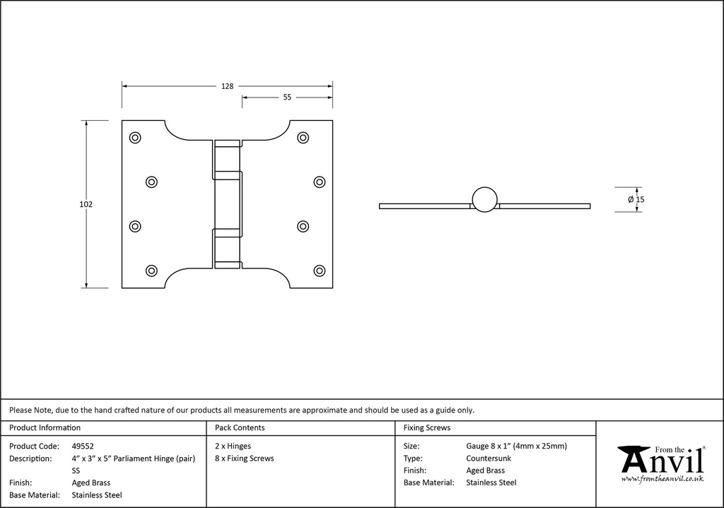 Aged Brass 4" x 3" x 5"  Parliament Hinge (pair) ss - 49552 - Technical Drawing