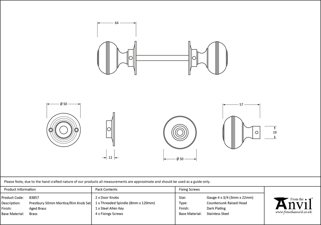 Aged Brass 50mm Prestbury Mortice/Rim Knob Set - 83857 - Technical Drawing