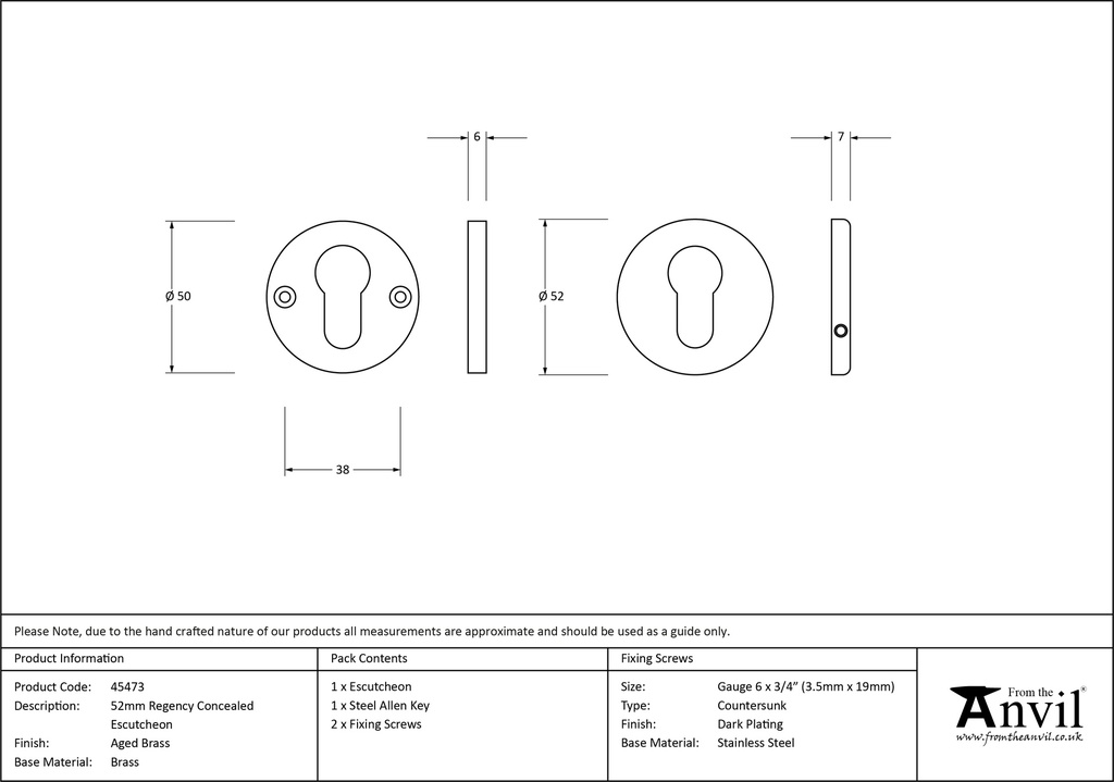 Aged Brass 52mm Regency Concealed Escutcheon - 45473 - Technical Drawing