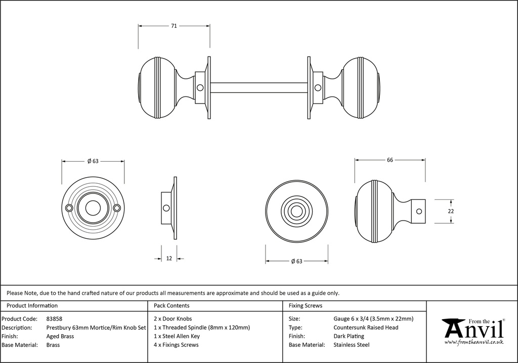 Aged Brass 63mm Prestbury Mortice/Rim Knob Set - 83858 - Technical Drawing