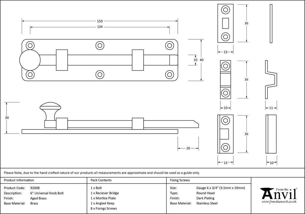 Aged Brass 6&quot; Universal Bolt - 92008 - Technical Drawing