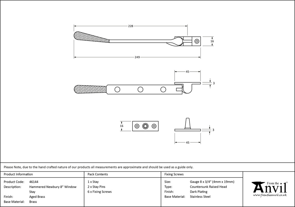 Aged Brass 8&quot; Hammered Newbury Stay - 46144 - Technical Drawing