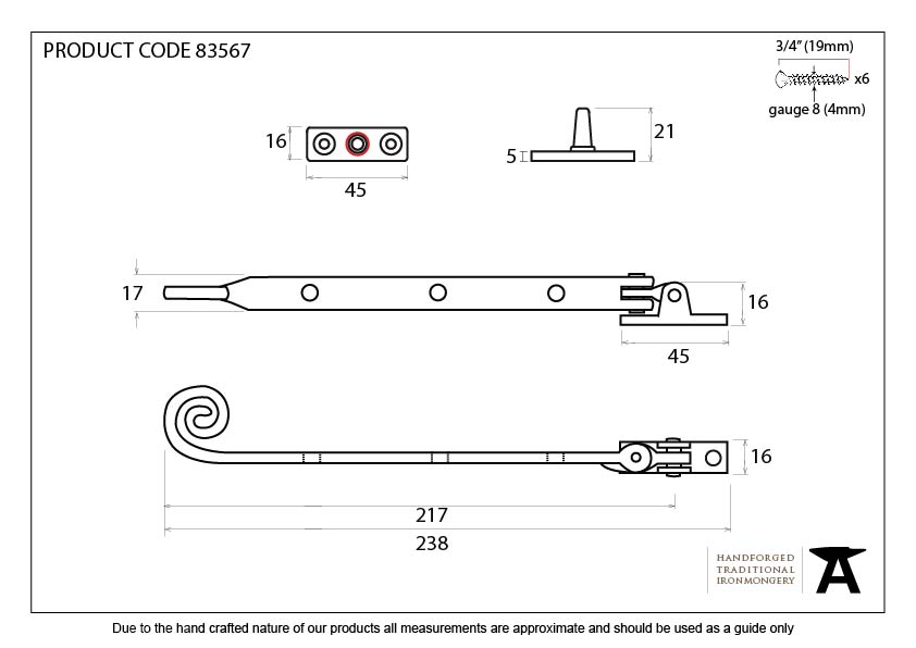 Aged Brass 8&quot; Monkeytail Stay - 83567 - Technical Drawing