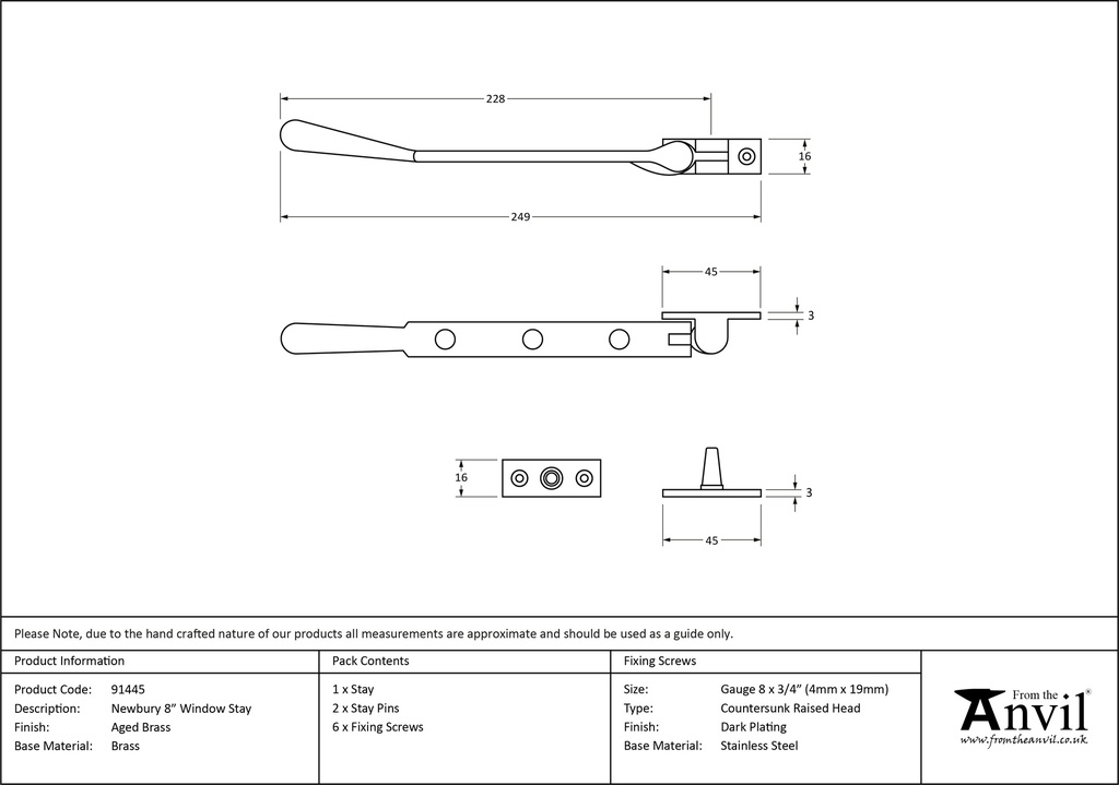 Aged Brass 8&quot; Newbury Stay - 91445 - Technical Drawing