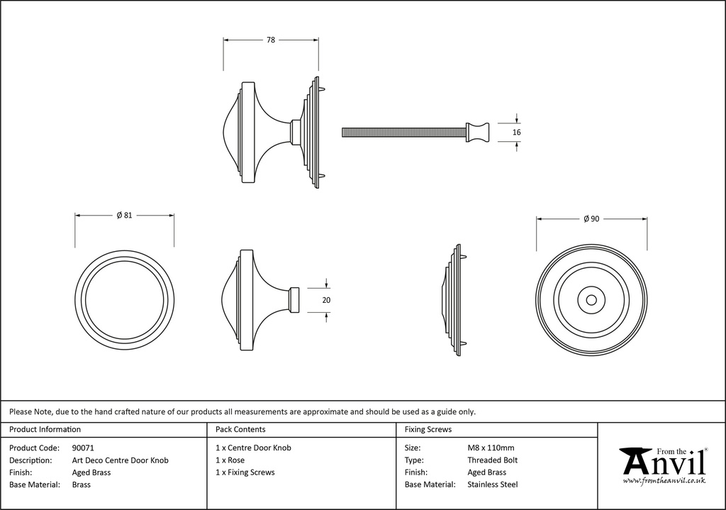 Aged Brass Art Deco Centre Door Knob - 90071 - Technical Drawing