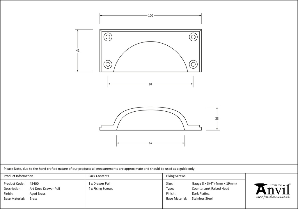 Aged Brass Art Deco Drawer Pull - 45400 - Technical Drawing