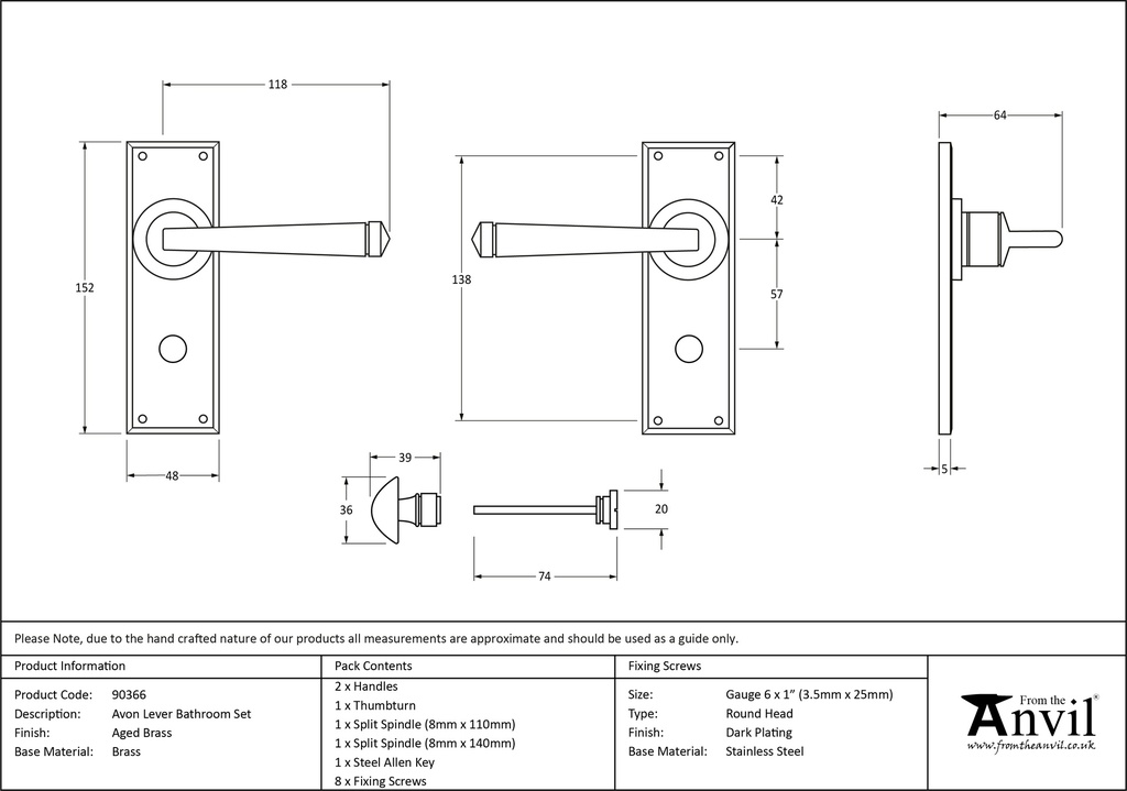 Aged Brass Avon Lever Bathroom Set - 90366 - Technical Drawing