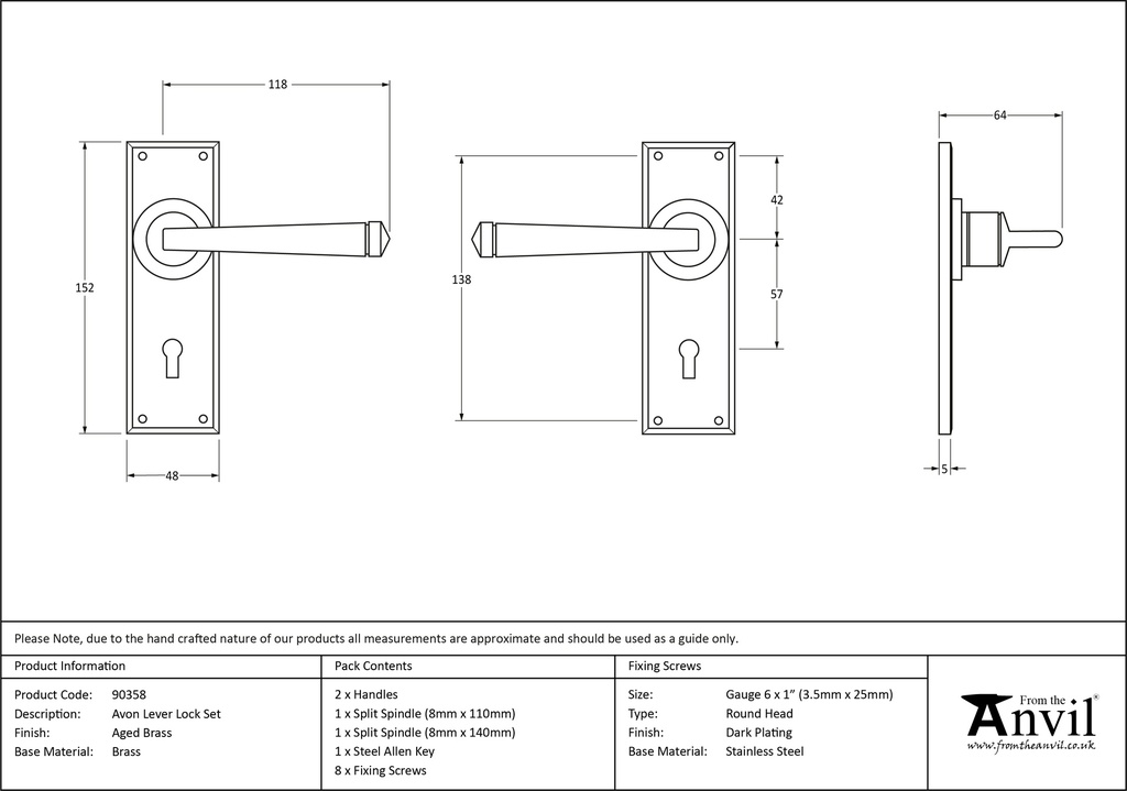 Aged Brass Avon Lever Lock Set - 90358 - Technical Drawing