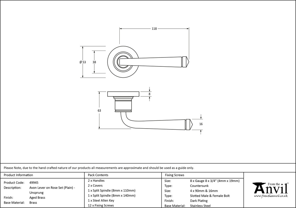 Aged Brass Avon Round Lever on Rose Set (Plain) - Unsprungnsprung - 49945 - Technical Drawing