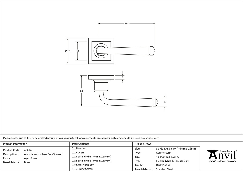 Aged Brass Avon Round Lever on Rose Set (Square) - 45614 - Technical Drawing