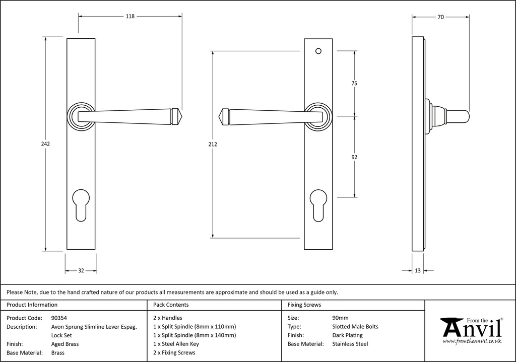 Aged Brass Avon Slimline Lever Espag. Lock Set - 90354 - Technical Drawing